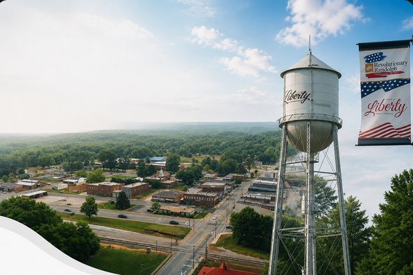 Liberty, NC — Aerial view of downtown with water tower